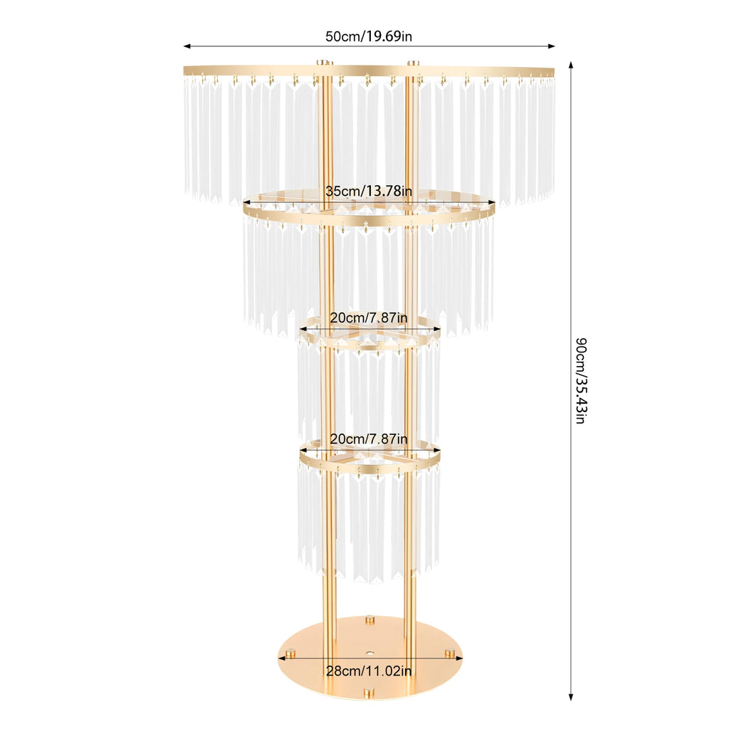 4 Tier Round Gold Electroplated Iron Crystal Flower Stand/ Freestanding 90cm Acrylic Floral Pedestal Holder/ Heavy 8kg Load Wedding Table Centerpiece Decor/ Easy Assemble/ Detachable Display Rack for Birthday/ Baby Shower/ Va