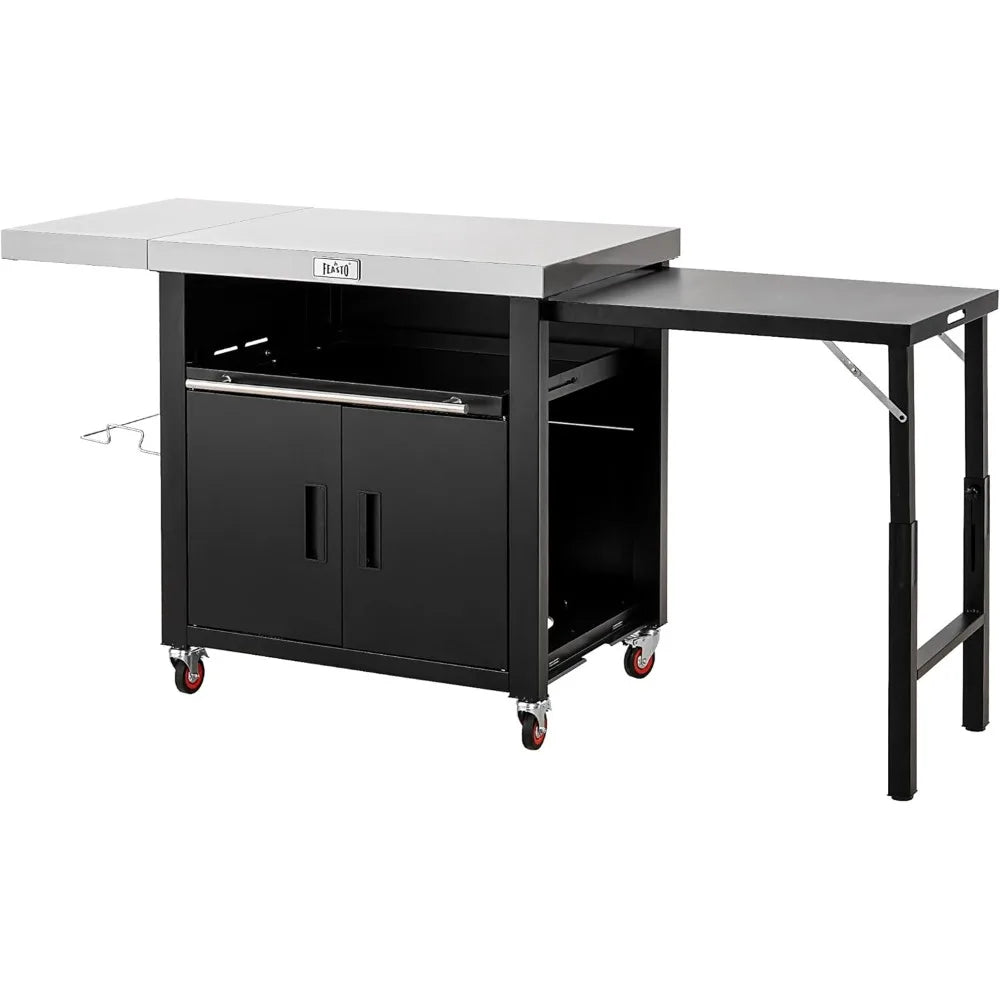 Stainless Steel Outdoor Kitchen Grill Table with Foldable Side Tables and Cabinet