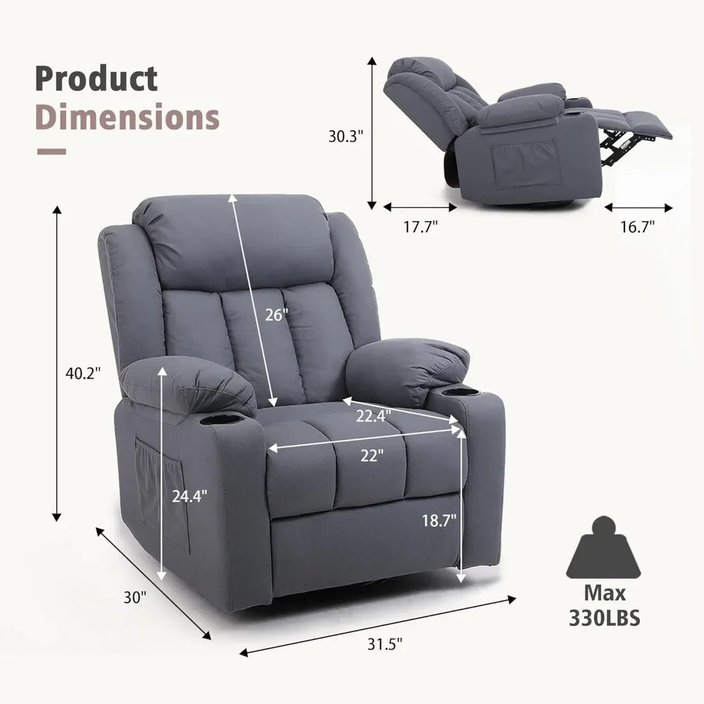 Adults Plush Swivel Recliner Chair: Oversized Manual Glider with Massage, Heat, and Cozy Fabric