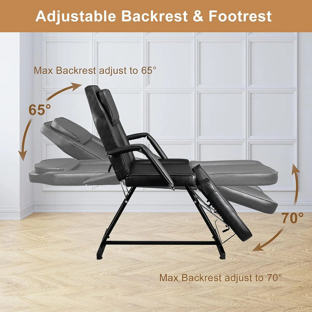Hydraulic Adjustable 3-Section Salon Spa Massage Tattoo Chair Bed with Stool, Black Beauty Equipment