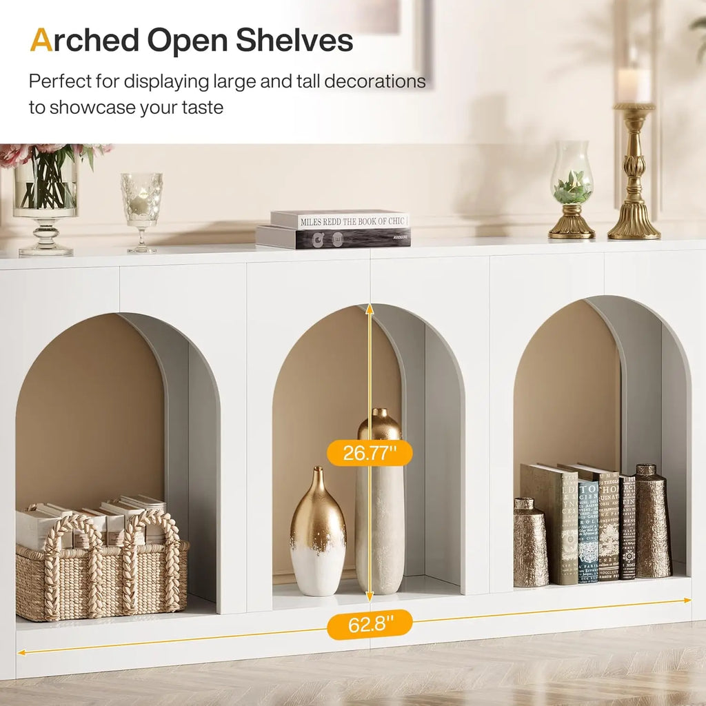 70.9" White Console Table with Storage, Wood Entryway Entry Table with 3 Arched Shelves for Foyer, Hallway, Living Room
