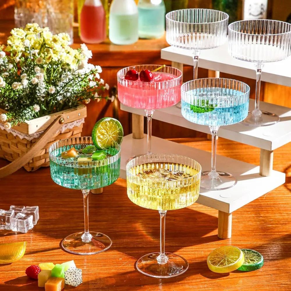 100 Pack Ribbed Martini Glasses - 10 oz Disposable Plastic Vintage-Style Ribbed Coupe Glasses for Cocktails and Desserts