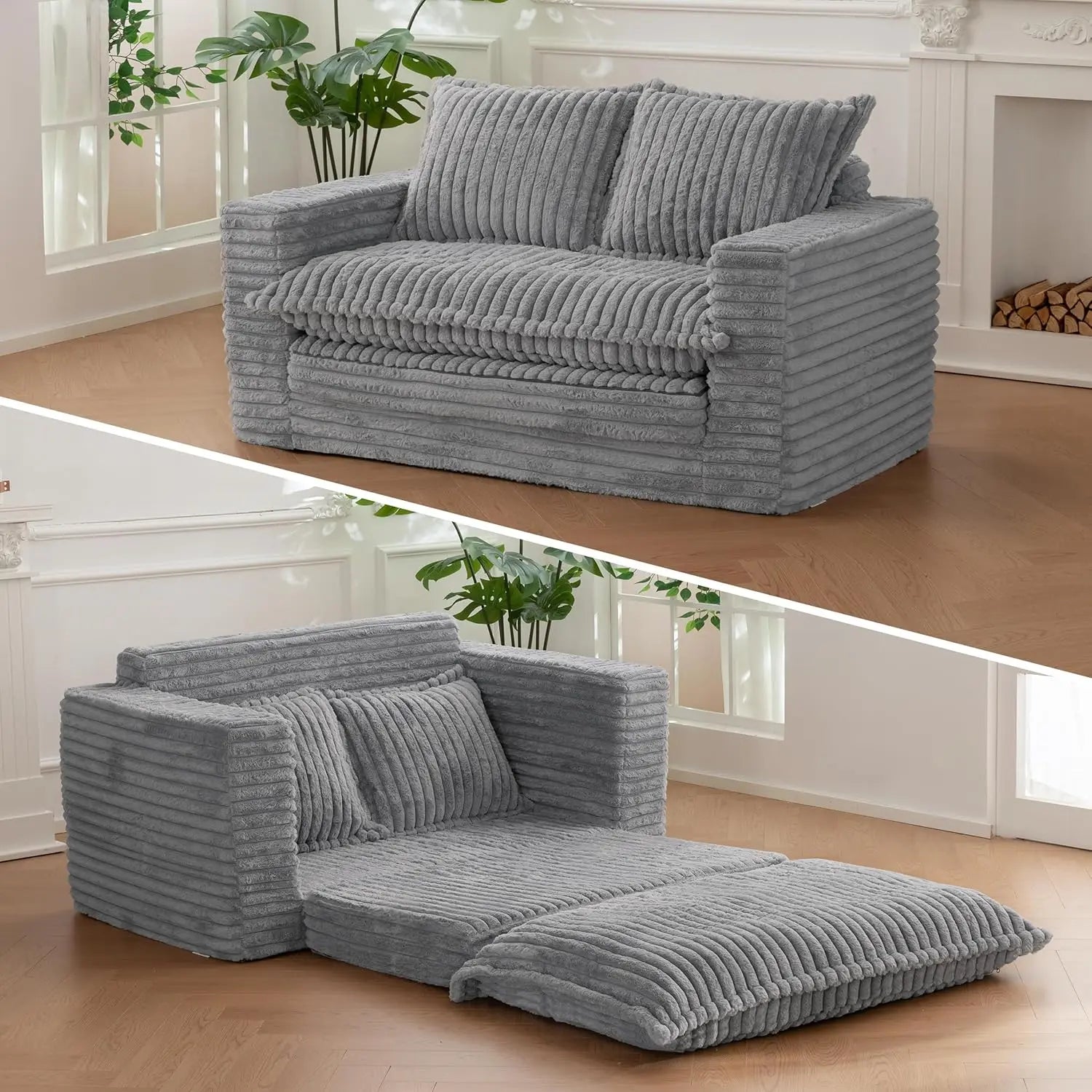 3-in-1 Pull Out Floor Couch with Washable Cushion and Pillows, Loveseat Sleeper Sofa, Convertible Sofa Bed/ Futon Couches