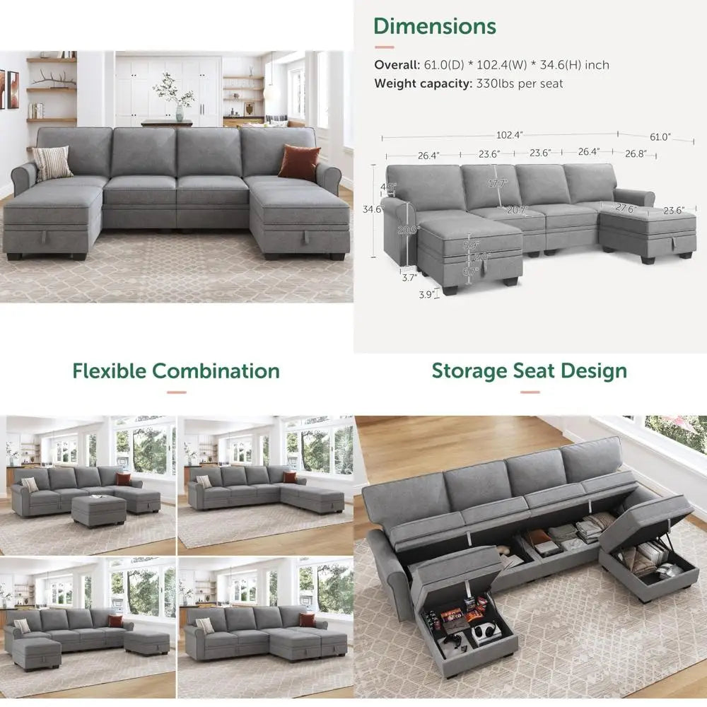Storage-Enabled Convertible Sectional Sofa with 6 Seats and Reversible Chaise for U-Shaped Living Room Arrangement