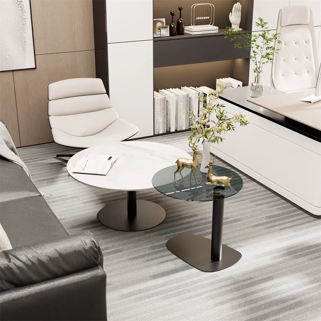 Modern Round Marble Coffee Table Set of 2/ Living Room Center Table/ Sofa Side Desk with Black Glass/ End Table With Metal Legs