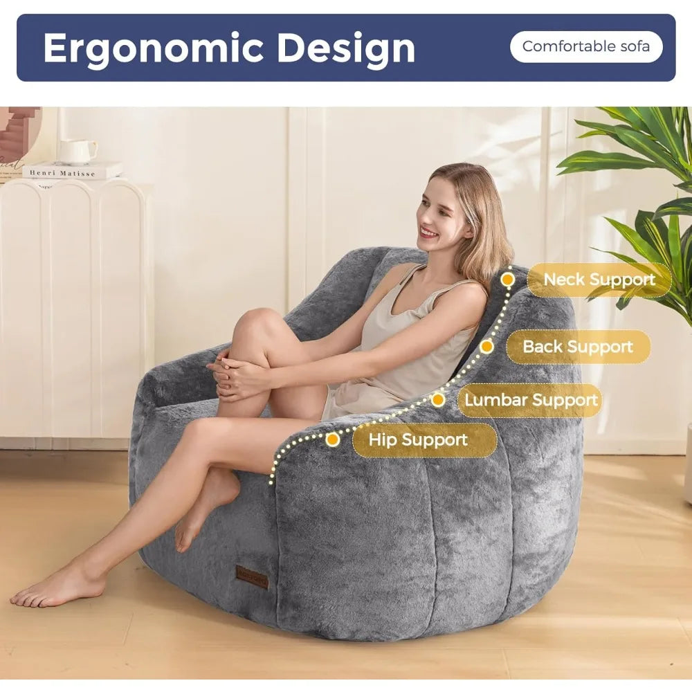 Comfy Bean Bag with Back Support, Faux Fur Chair for Adults and Kids