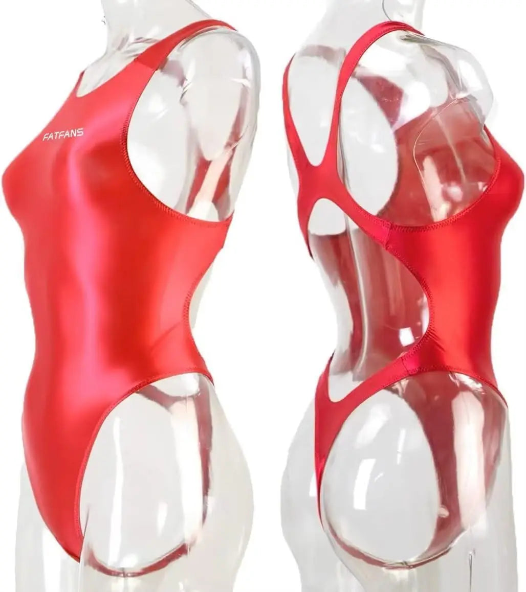 FATFANS  One Piece Leotard Women's Oil Glossy High Fork T-String Bodysuit Solid Color Dead Pool Water Day Sexy Tight Swimsuit
