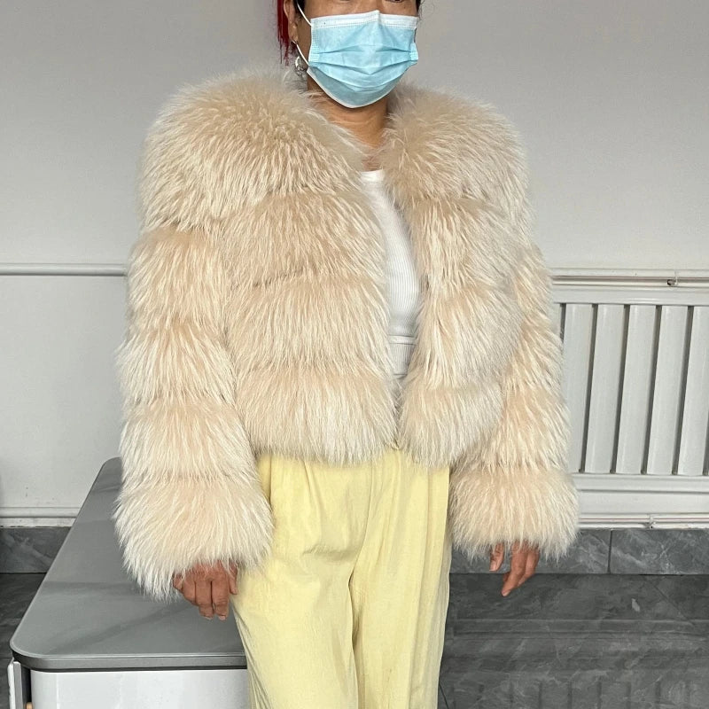 BEIZIRU Women's Real Raccoon Fur Coat Winter Long Sleeve Hooded Jacket with Turndown Collar/ Natural Luxury /Thick Top