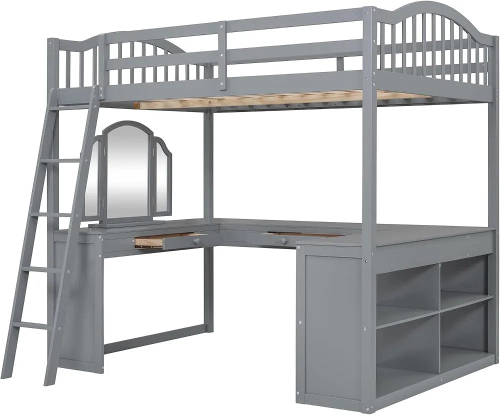 Full Size Loft Bed with U-Shaped Desk, Storage Shelves, Tri-Fold Mirror for Kids Teens (Gray)