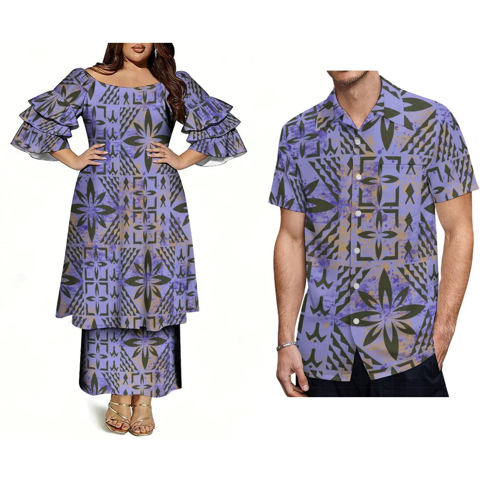 Customized Men's Short-Sleeved Shirts With Polynesian Pacific Island/ Ethnic Style Fashionable Women's Elegant Dresses