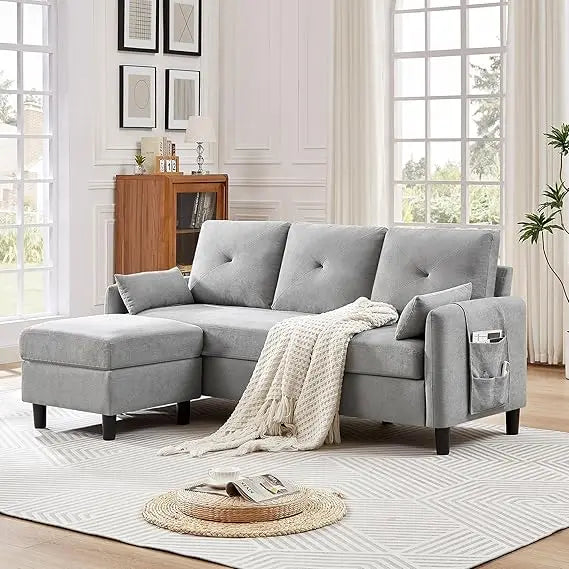 Modern 3-Seat L-Shaped Convertible Sectional Sofa with Reversible Ottoman and Storage Pocket for Small Spaces