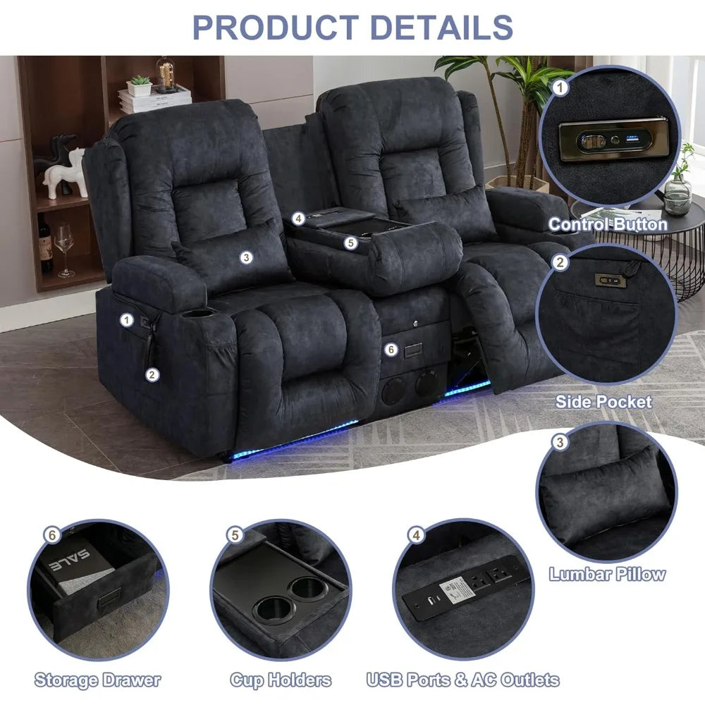 Massage and Heat Power Loveseat Recliner Sofa with Home Theater Seating and USB/Outlet Console for TV