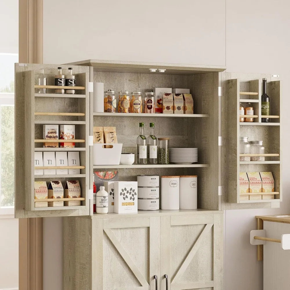 72.8" Rustic Pantry Cabinet with 4 Barn Doors, Adjustable Shelves, Freestanding Storage for Kitchen Living Room