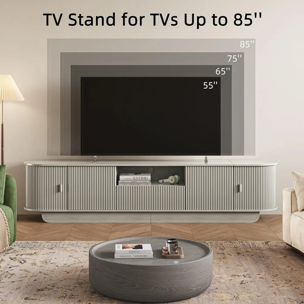 86.61'' TV Stand for 55-85", Entertainment Center with Large Storage Cabinet and Sliding Door, Curved Profile Design