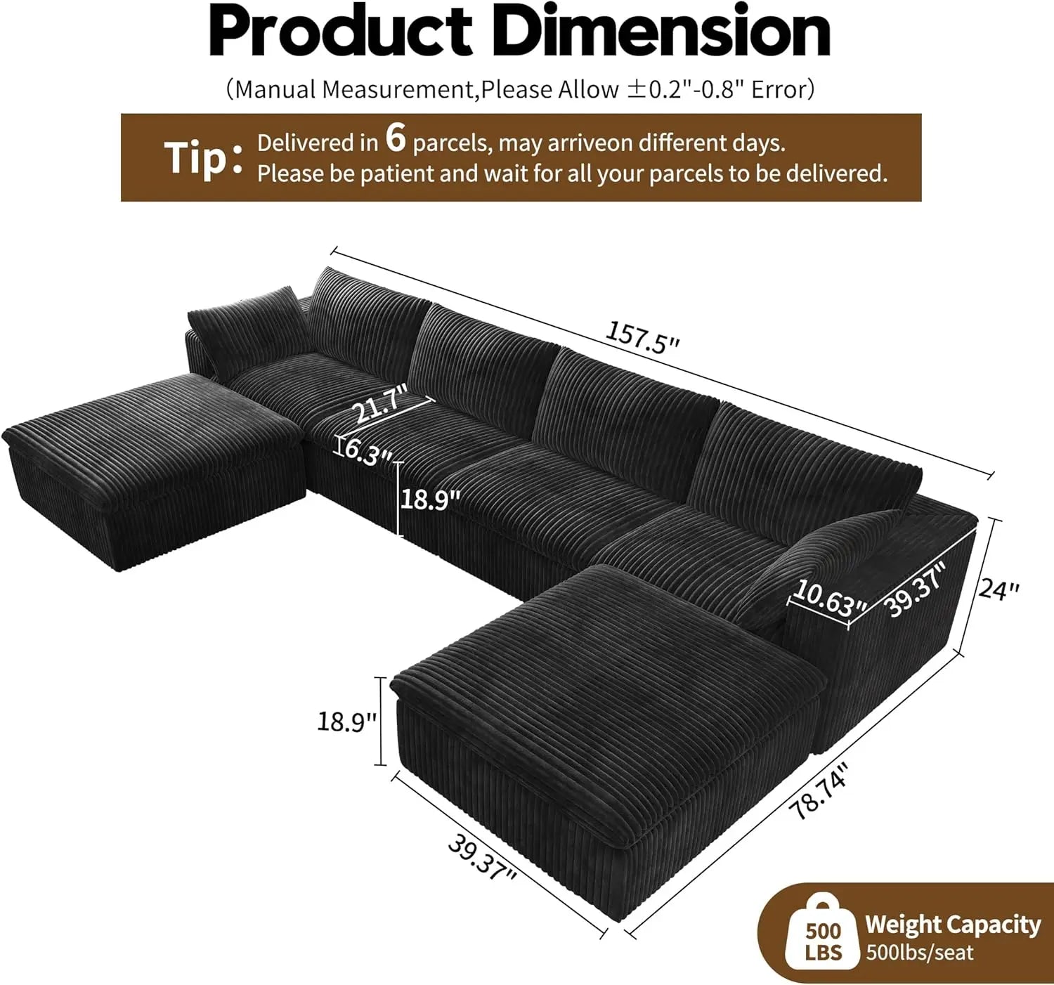157.5" U Shaped Modern Sofa Modular Sectional Cloud Couch with 2 Ottoman,Deep Seat Upholstered Couches with Corduroy Fabric