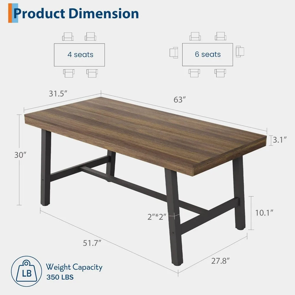Industrial Style 63 Long Wooden Dining Table for 4-6 Seating with Metal Frame and Natural Wood Finish