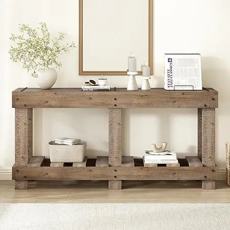 Farmhouse Rustic Wood Entryway Console Table 63-Inch Long Narrow Entry Sofa Table with Storage Shelf for Living Room Balcony