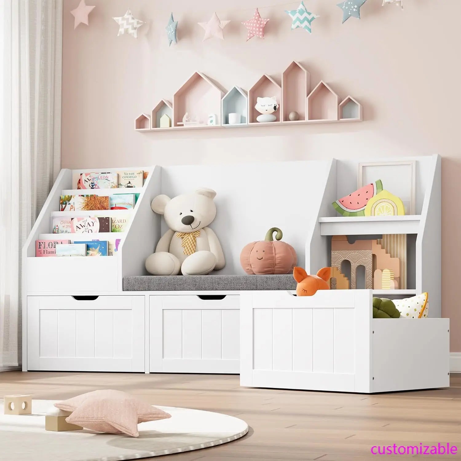 55.1’’ Kids Bookshelf with Reading Nook, Toy Storage Organizer with Seat Cushion and 3 Movable Drawers, Kids Reading Nook Toy