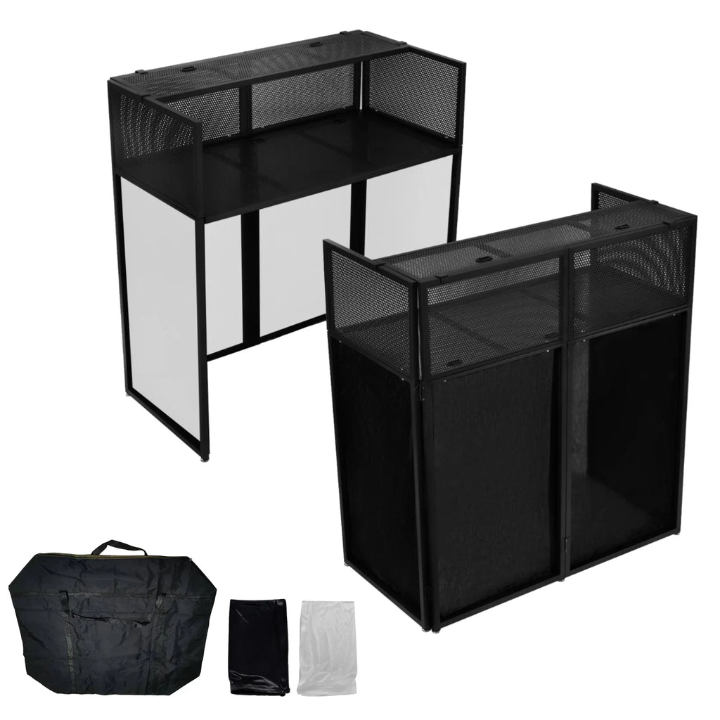 Portable DJ Booth Stand with Metal Frame, Height Adjustable Foldable DJ Table Rack with Black and White Scrims, Carrying Bag