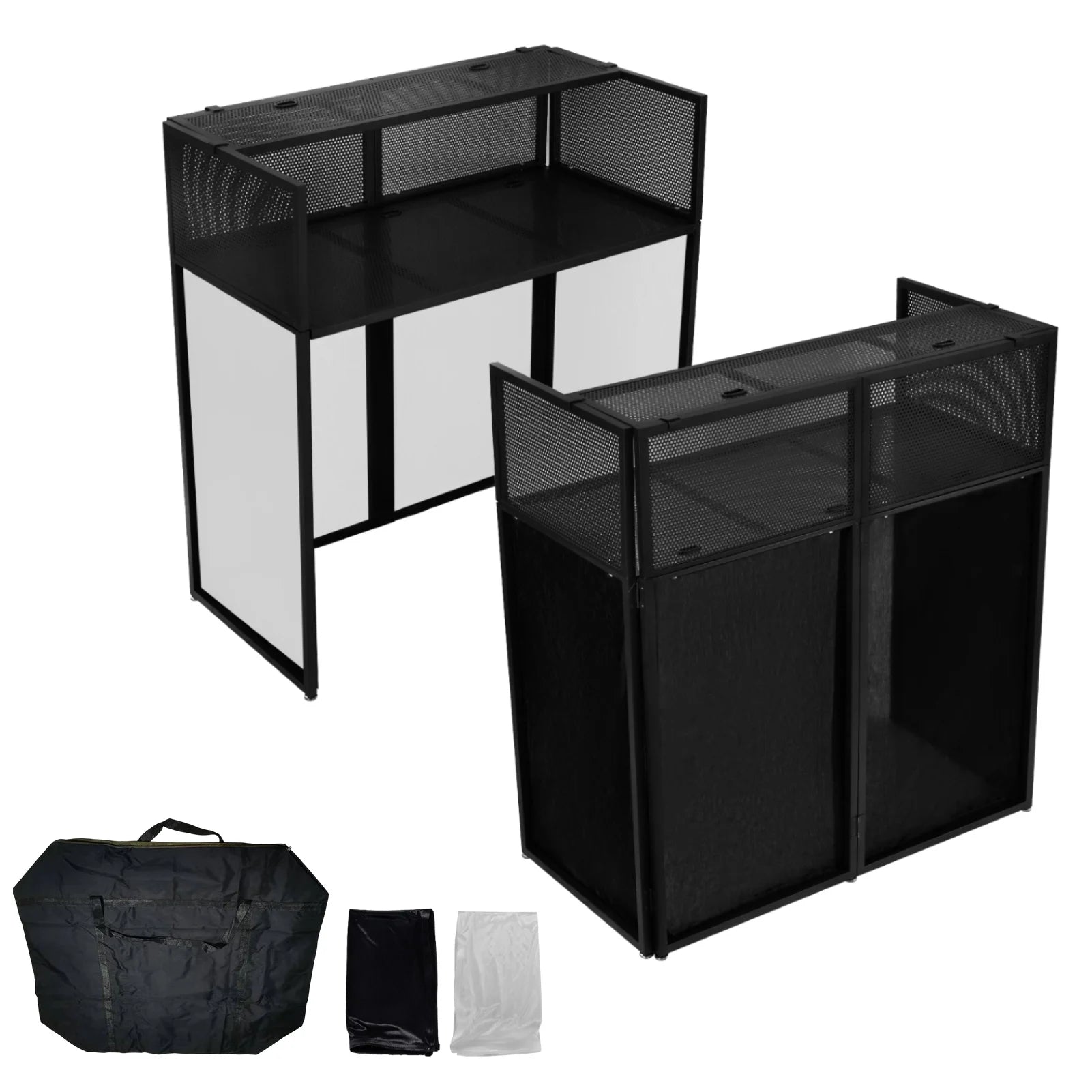 Portable DJ Booth Stand with Metal Frame, Height Adjustable Foldable DJ Table Rack with Black and White Scrims, Carrying Bag