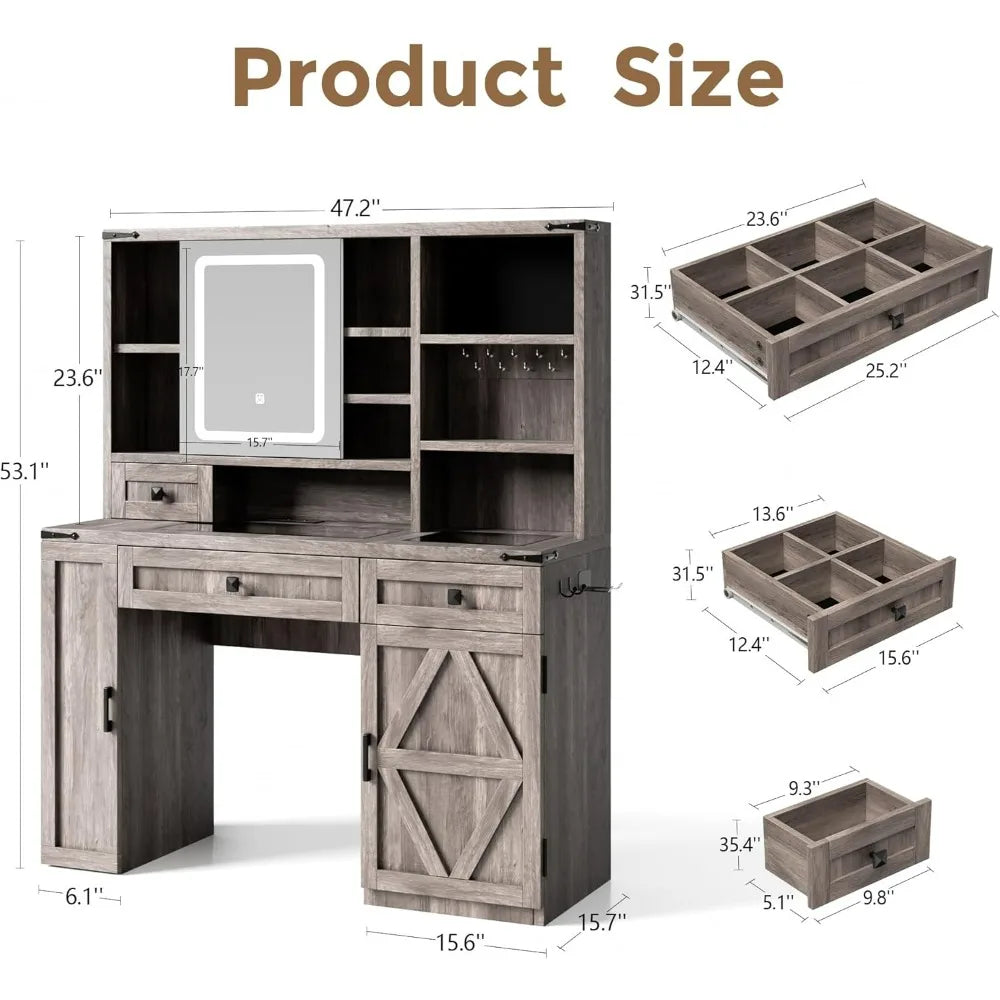Makeup Vanity Desk With Sliding Mirror, Luminated Glass Top And 3-Tier Hidden Storage