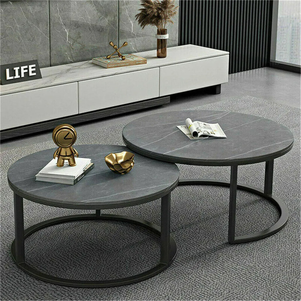 Modern Nesting Round Grey Marble Top Coffee Table Set/ Sintered Stone Table/ Metal Legs Home Furniture