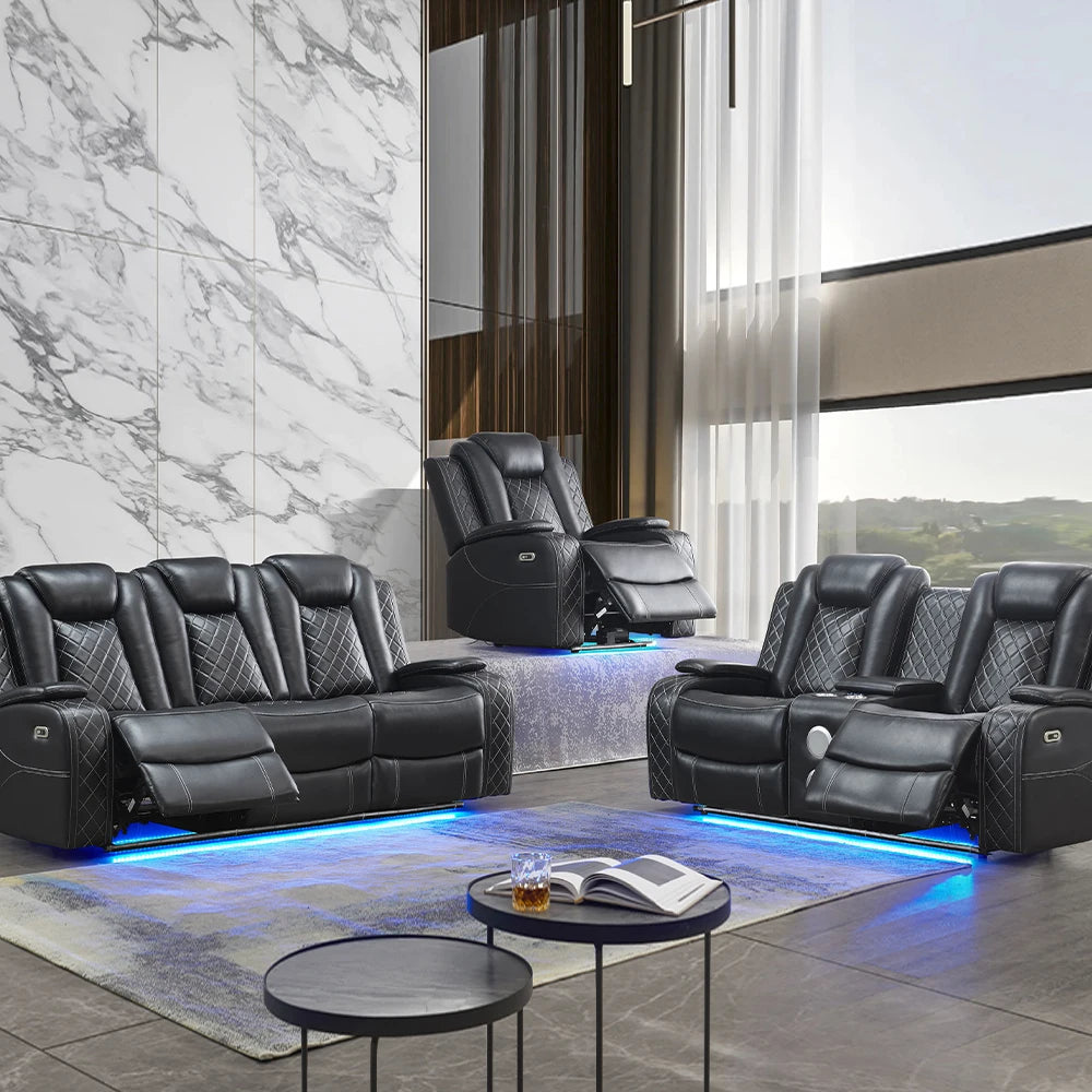 Power Reclining Sofa Couch with Wireless Charger/ 3 Seater Recliner/Reading Light Leather/ Bluetooth Speaker/ Theater Seating LED