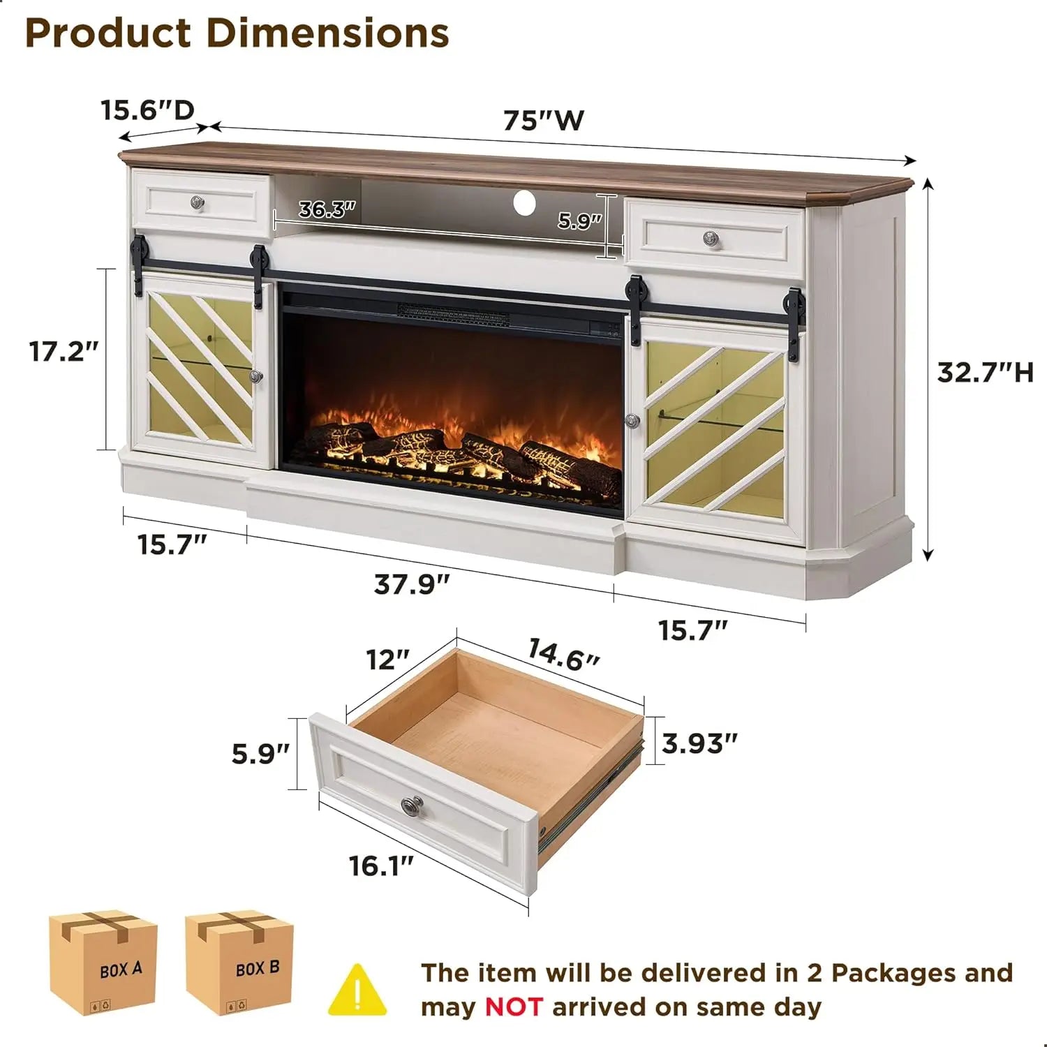 75” Fireplace TV Stand for 85" TV, Farmhouse Highboy Entertainment Center with 36” Electric Fireplace