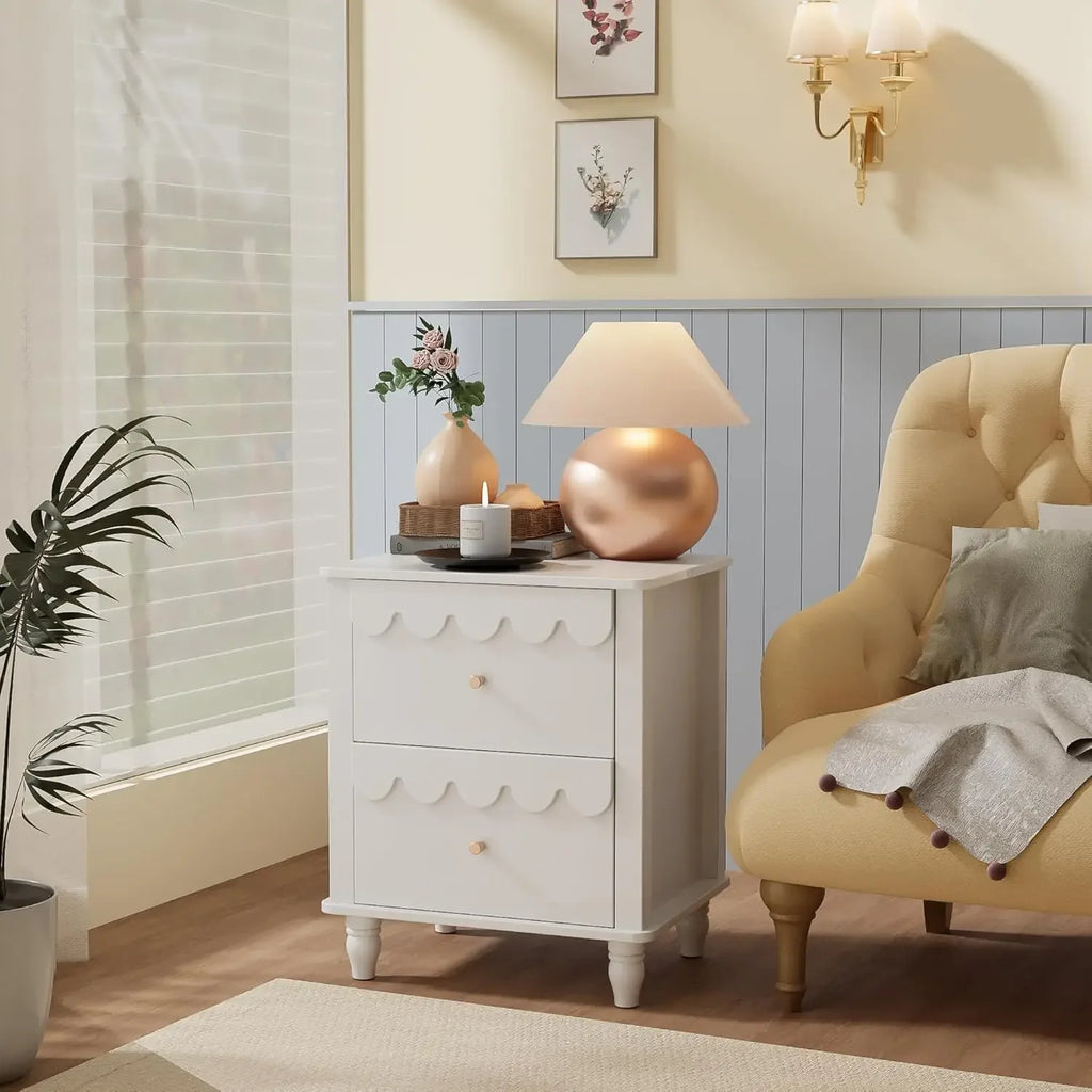 Nightstand Side End Table with 2 Drawers, Modern Wood with Petal Pattern for Bedroom