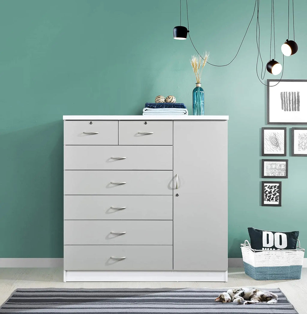 7-Drawer Large Chest with 5 Big Drawers, 2 Small Drawers, Locks, Hanging Rod, and 3 Shelves in Grey-White