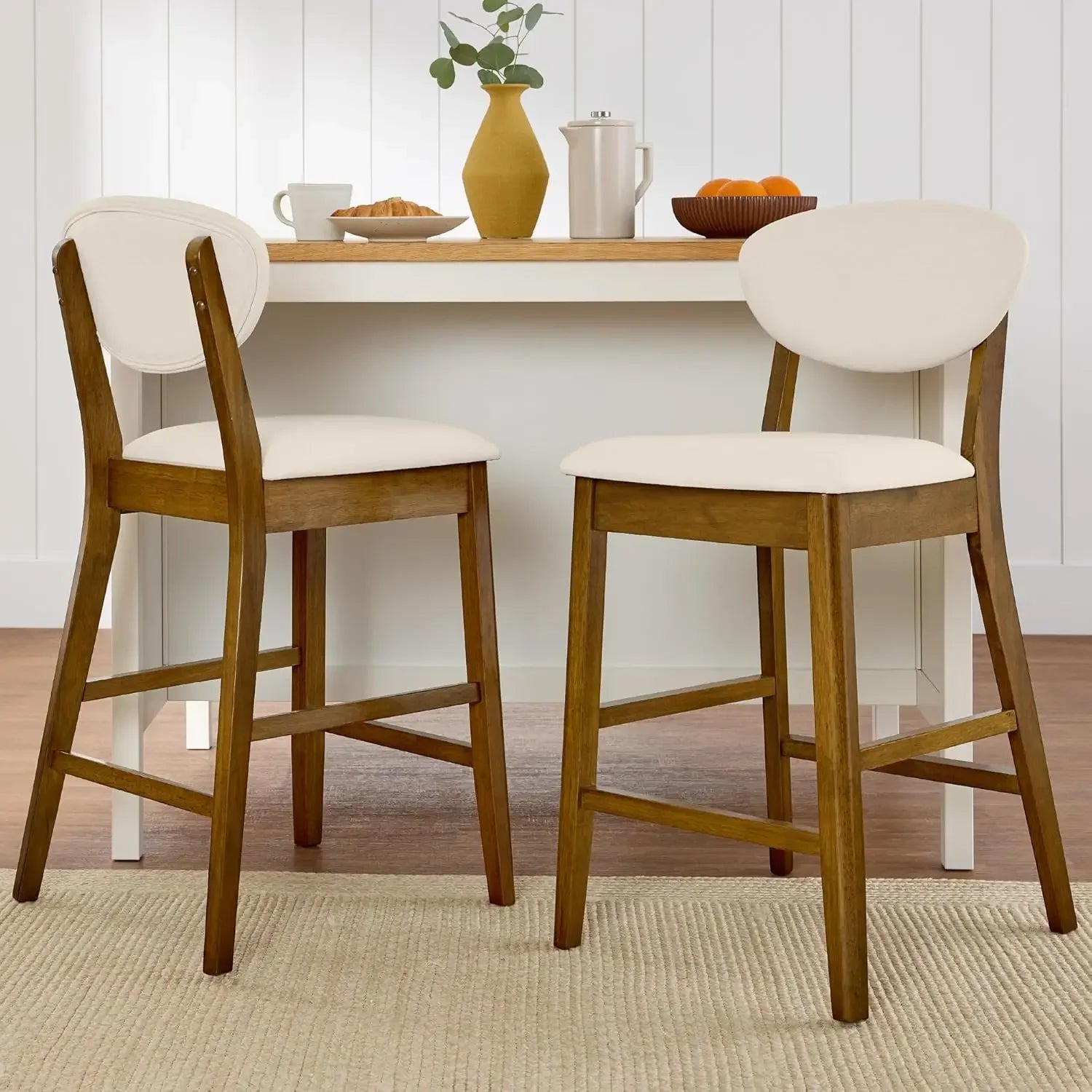 Bar Stool Set of 2, Mid-Century Modern Upholstered Wood, Armless Counter Height w/Seat Cushion, Backrest - Walnut/Cream