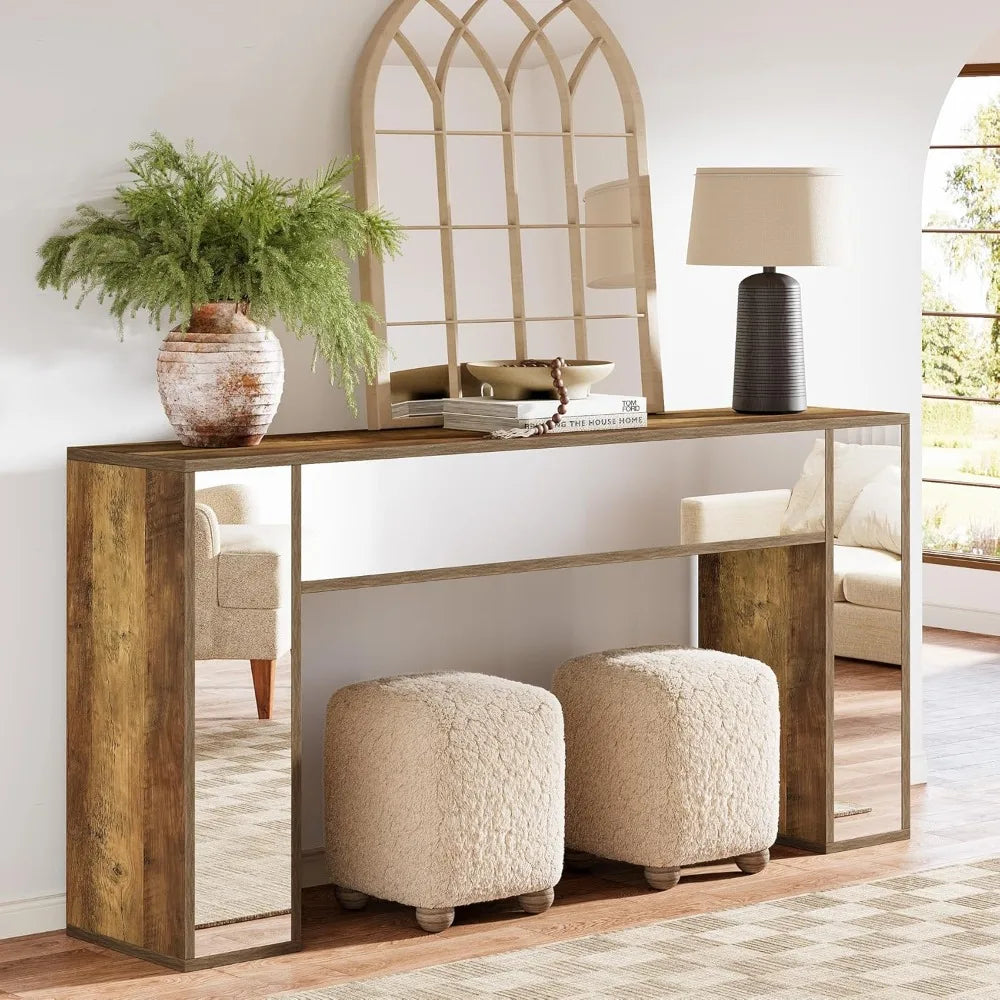 63" Mirrored Console Table for Entryway, Farmhouse Wood Sofa Table Behind Couch In Living Room