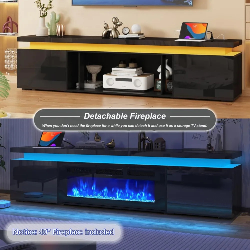 Fireplace TV Stand for 80" TV, 71" LED TV Stand with 40" Electric Fireplace & Power Outlet, High Gloss Surface, 2 Storage Cabinets