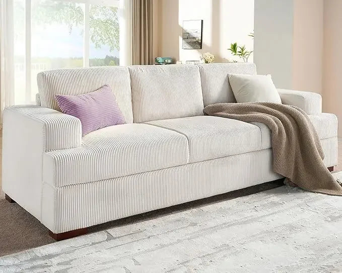 89" Comfortable 3-Person Sofa with Wooden Legs, Deep Seating White Corduroy Modern Couch for Living Room