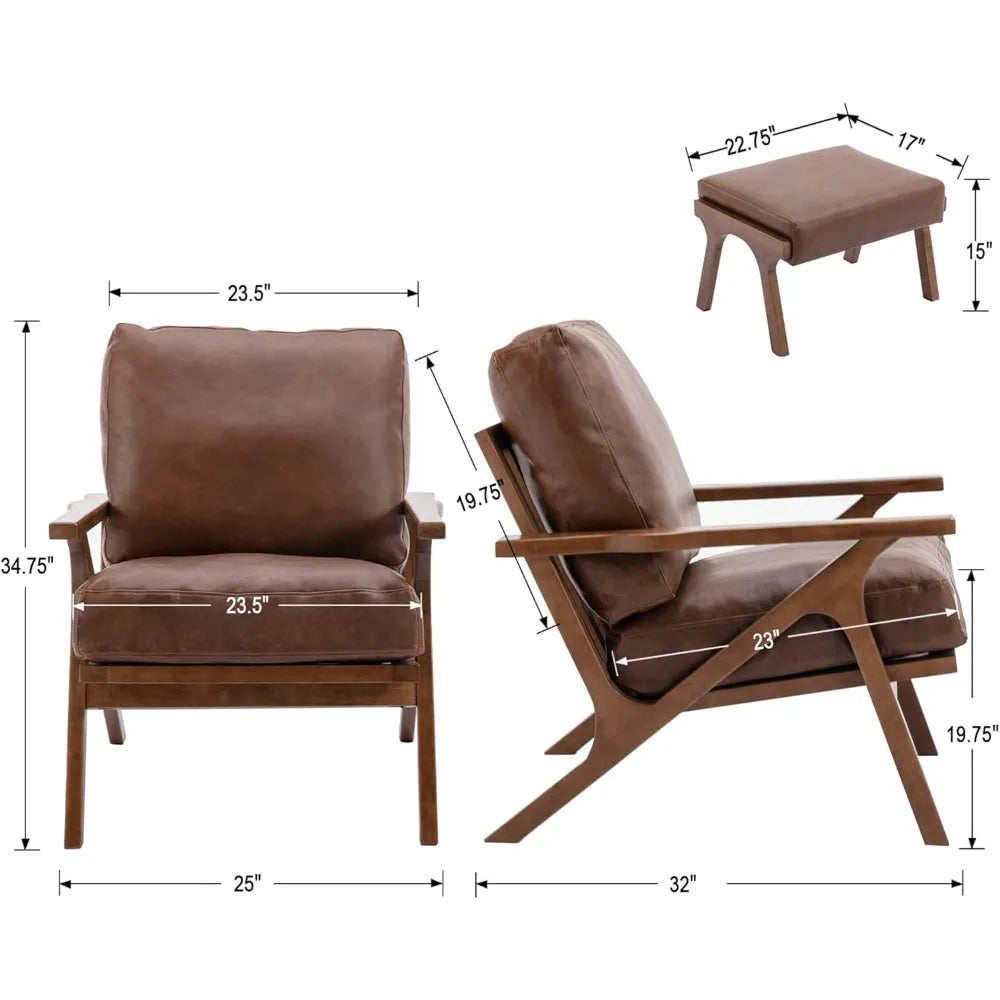 Mid-Century Modern Accent Chair with Ottoman, Faux Leather Armchair with Wood Legs
