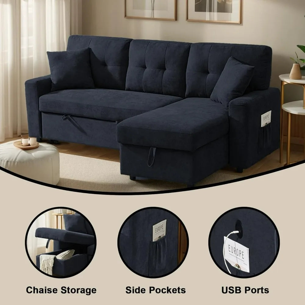 Modern L-Shaped Sofa Bed with Reversible Storage Chaise, Black Convertible Sectional Sofa featuring USB Ports and 3-in-1 Sleeper