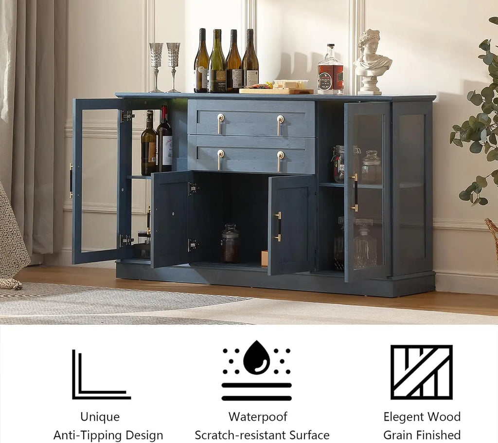 58.2'' Modern Sideboard with Storage, Accent Buffet Cabinet with 2 Glass Doors, Credenza with Two Drawers and Adjustable Shelves