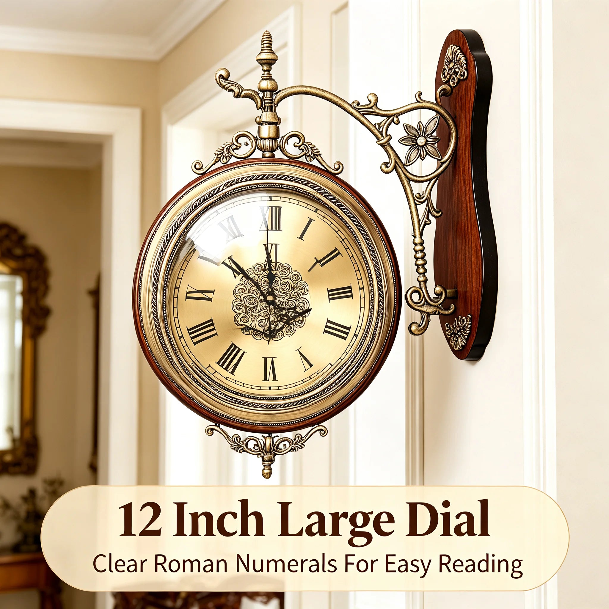 Double-Sided Wall Clock Vintage Style, 12-inch Silent Round Clock with 360° Rotation, Easy-to-Read Dual-Sided Dial for Living Room Office, Brown