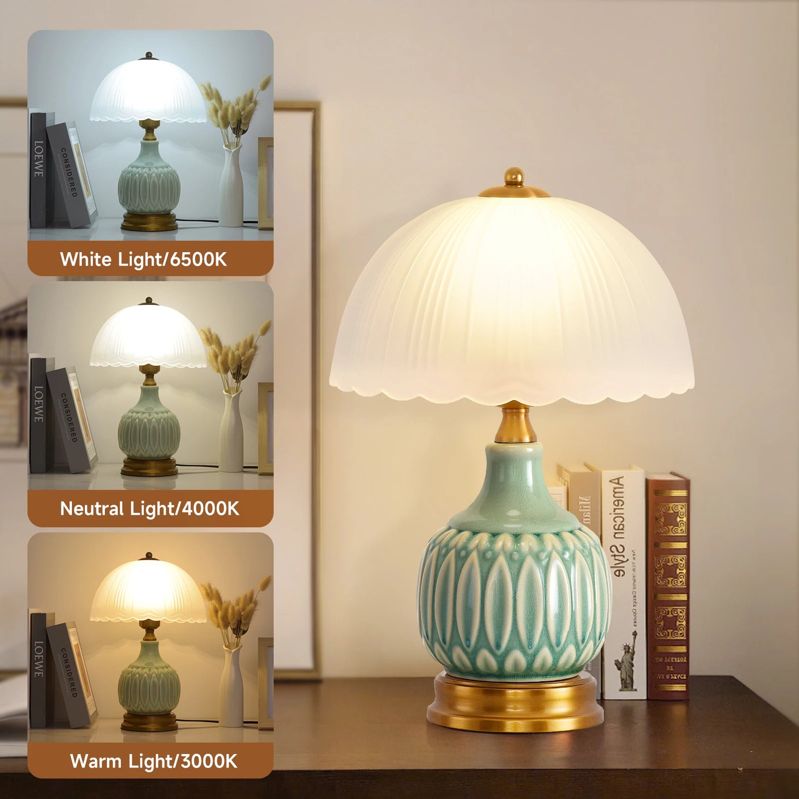 Vintage Lamp for Living Room,16" Modern Ceramic Table Lamps for Bedroom, Retro Bedside Nightstand/ Traditional Lamps ,Classic Chino
