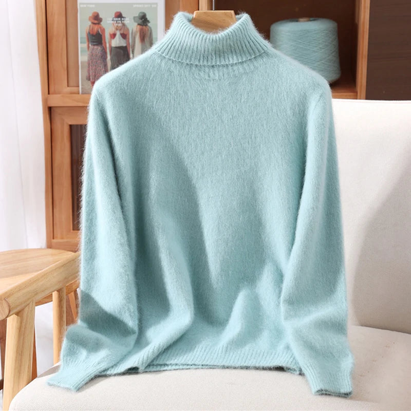 Autumn And Winter 100% Mink Cashmere Sweater, Ladies' High Lapel Solid Color Padded Pullover Wool Knitted Bottoming Shirt
