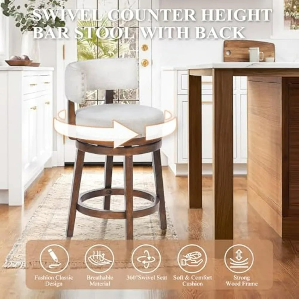 Set of 3 COLAMY 25" Swivel Counter Height Bar Stools with Upholstered Back and Modern Wood Design