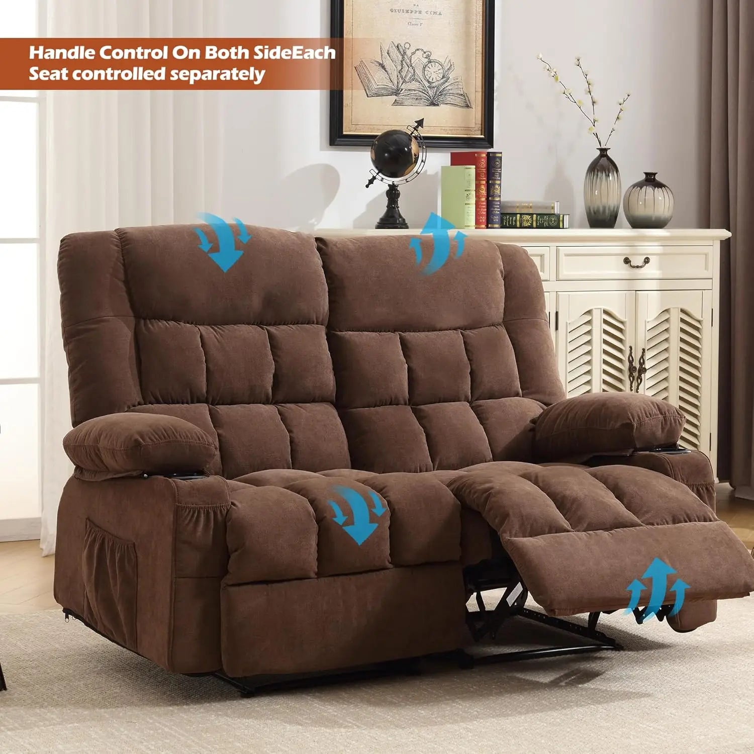 Reclining Loveseat with Cup Holders for Living Room 2 Seat Manual Loveseat Recliner with Side Pocket