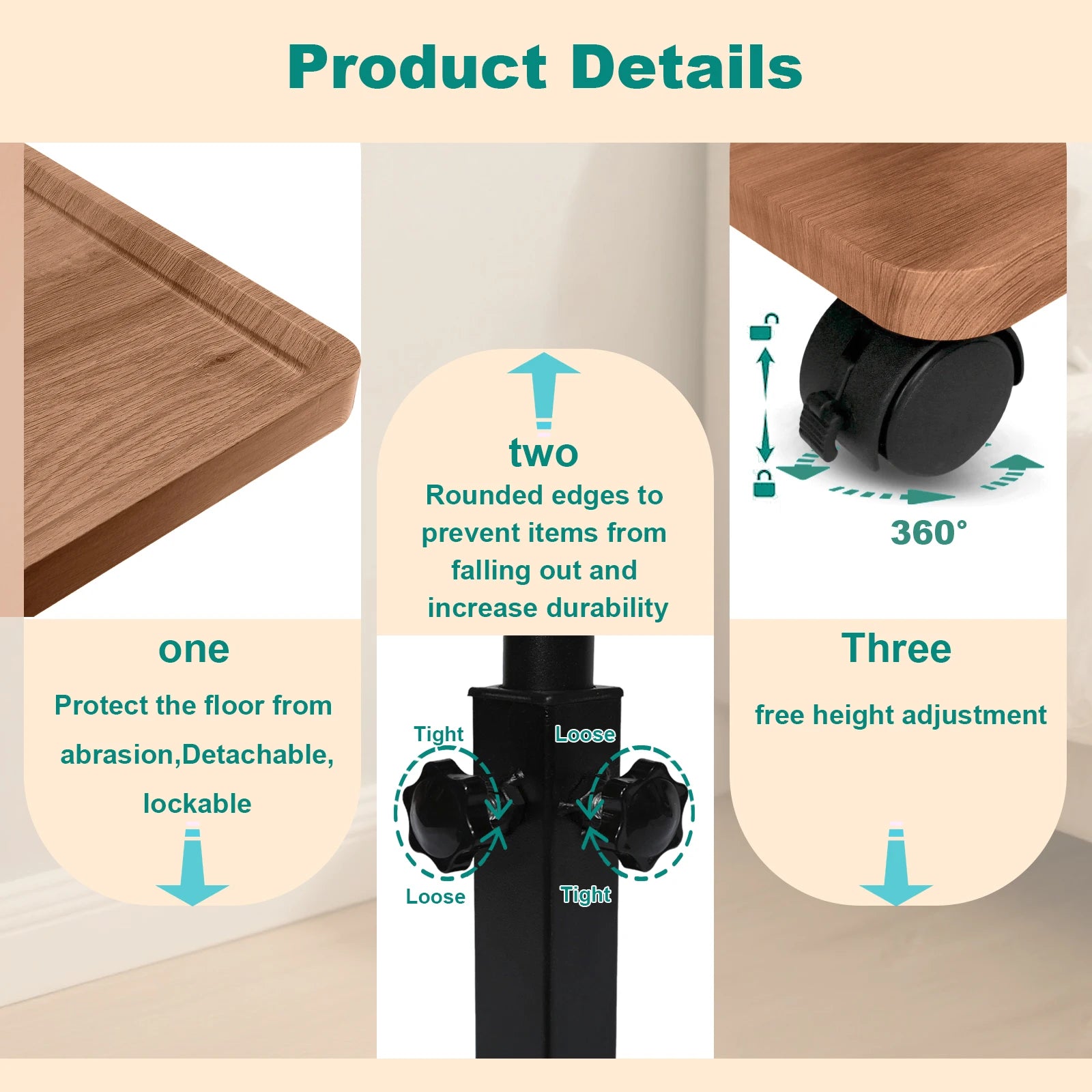 End Table Adjustable Height 360° Swivel TV Tray Couch Tables That Slide Under, Side Tables with Wheels For Sofa, Bed, Chair