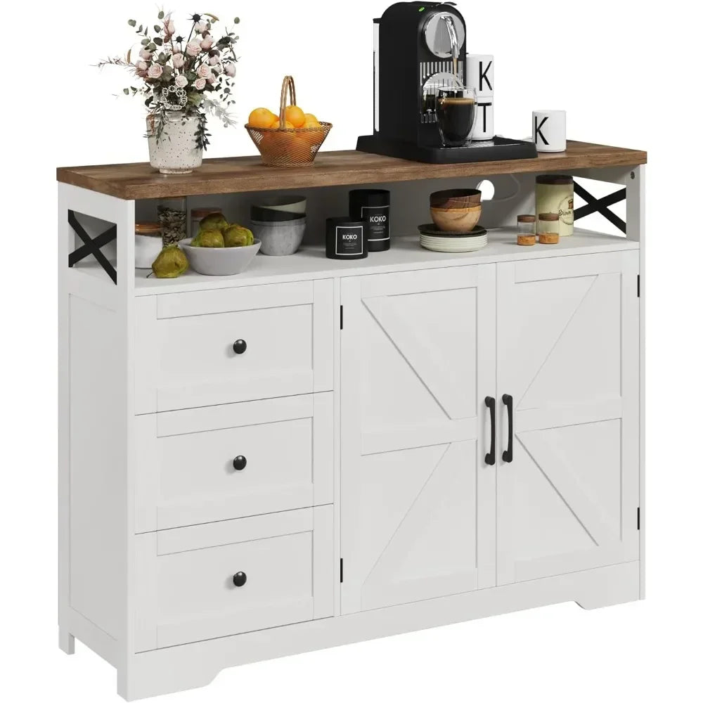Farmhouse Buffet Cabinet with Drawers & Open Shelf, Sideboard with Storage, Kitchen Pantry Cabinet Hutch, Coffee Bar/Drinks
