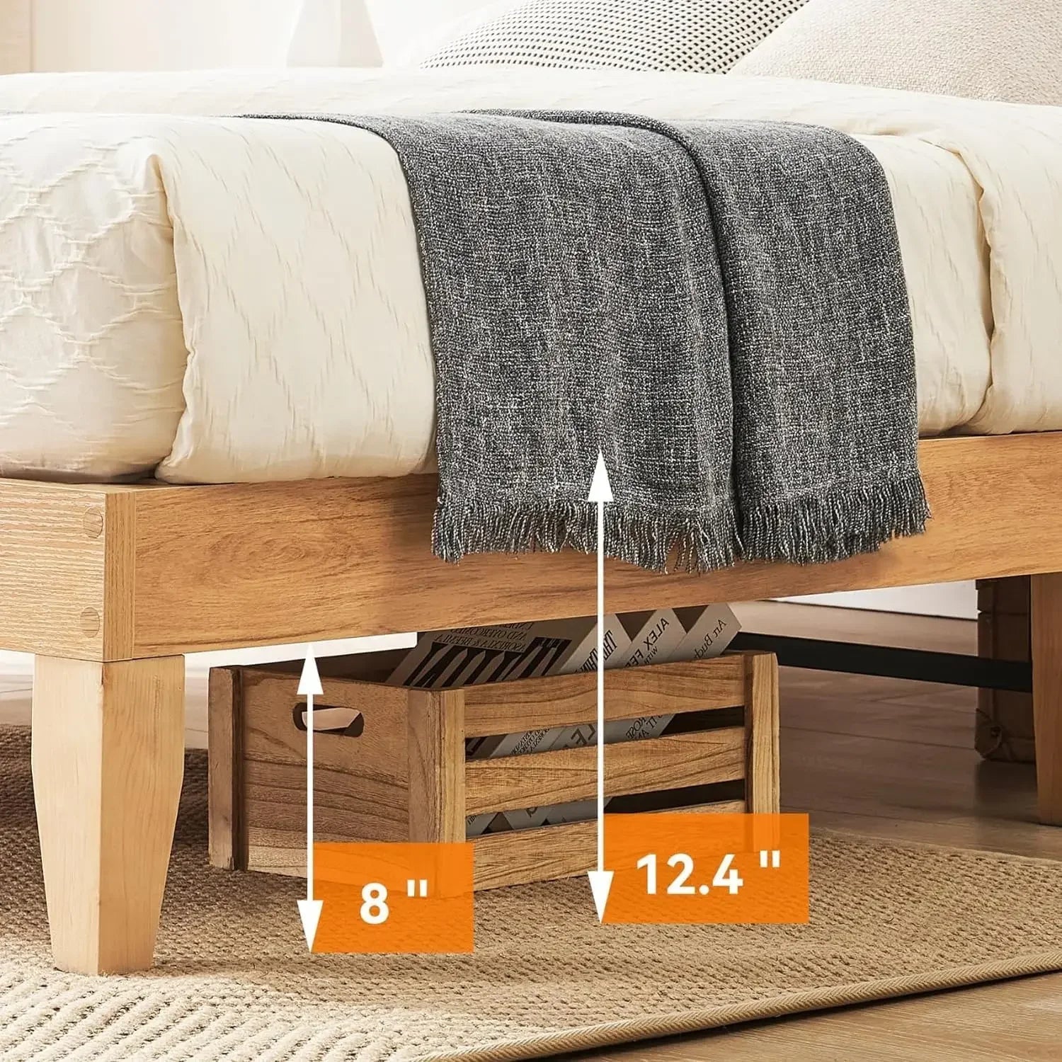 Rattan Bed Frame Queen with Natural Rattan Headboard, Queen Bed Frame with LED Lights, with Headboard, Solid