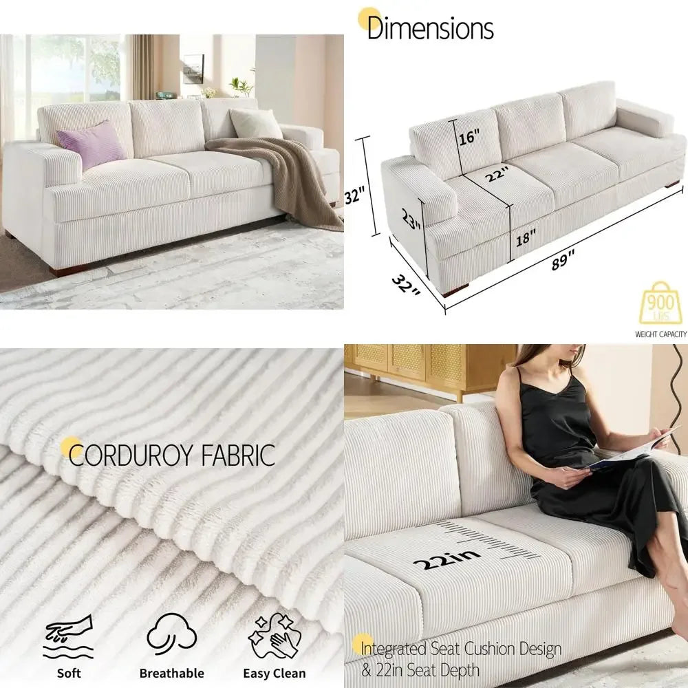89" Comfortable 3-Person Sofa with Wooden Legs, Deep Seating White Corduroy Modern Couch for Living Room