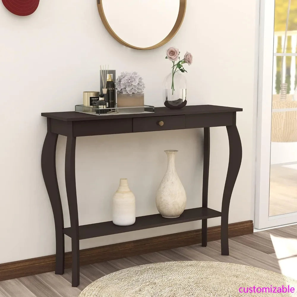 Narrow Console Table with Drawer and Shelves, Chic Accent Sofa Entryway Table, Living Room, Hallway, Espresso