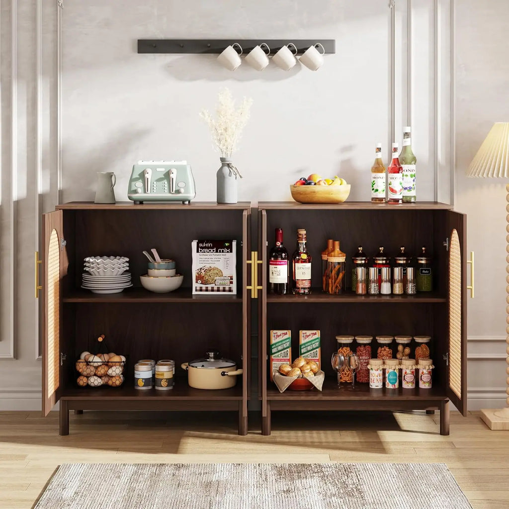 NEW Set of 2 Rattan Sideboard Buffet Cabinet with Storage, 59 Inch Accent Cabinet for Dining Room, Living Room, Kitchen, Rattan