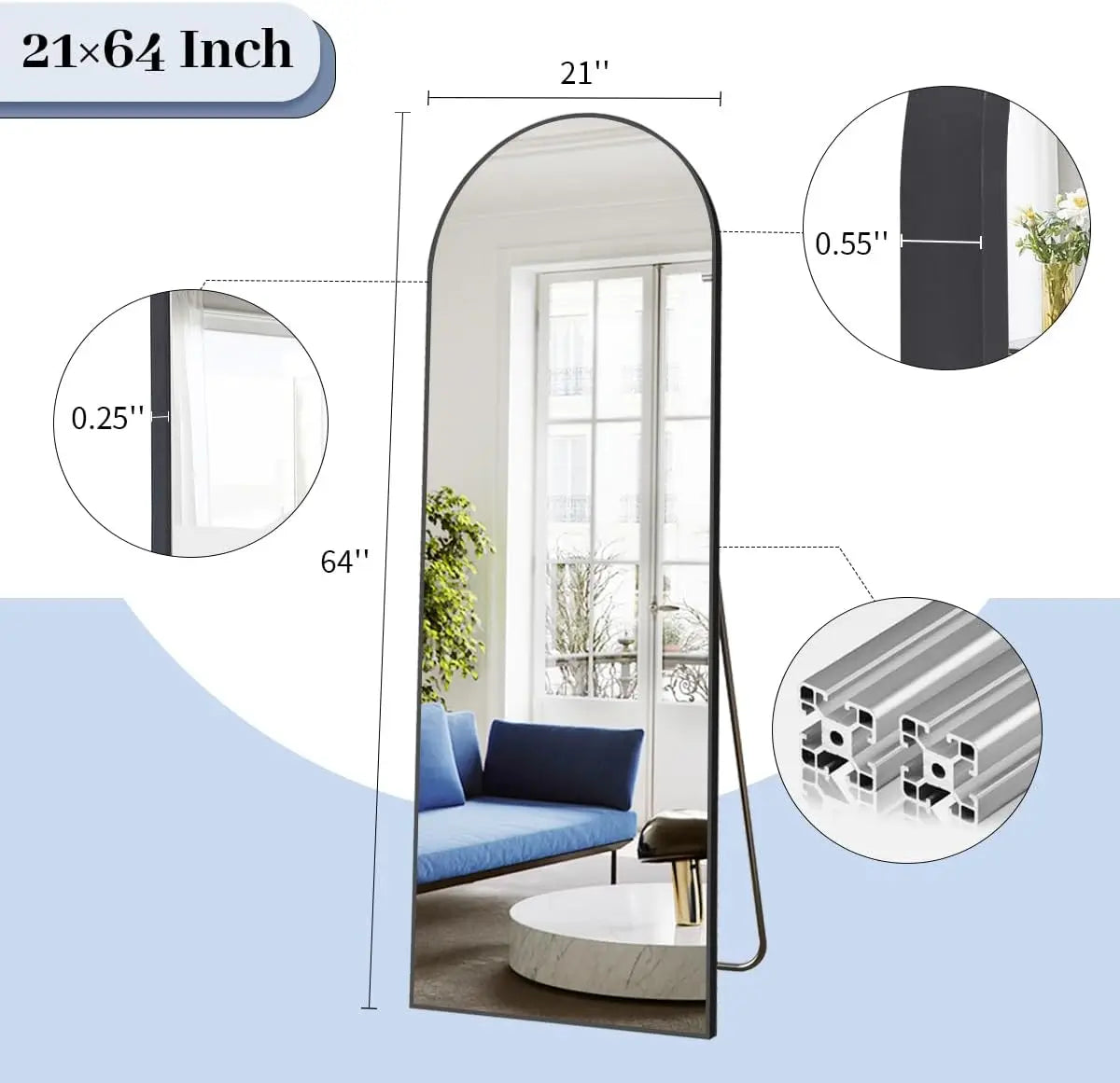 64"x21" Arch Floor Mirror, Full Length Mirror, Wall Mirror Hanging or Leaning, Arched-Top Full Body Mirror with Stand