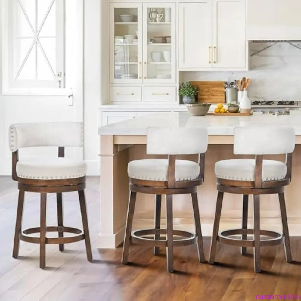 Set of 3- 25" Swivel Counter Height Bar Stools with Upholstered Back and Modern Wood Design